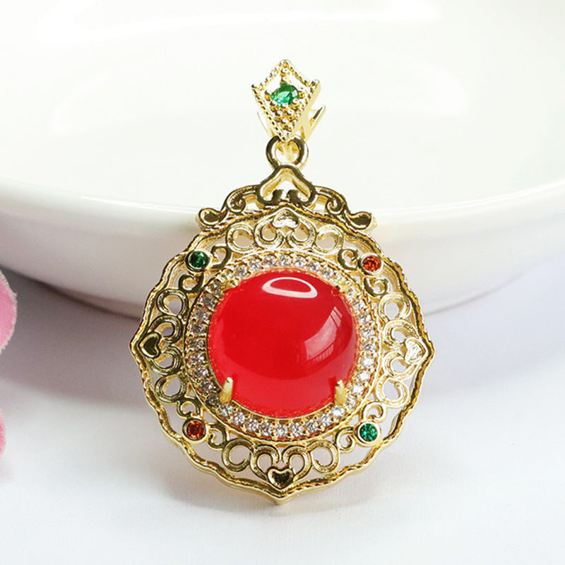 Vintage Sterling Silver Red Agate Chalcedony Pendant with Golden Hollow Luxurious Design