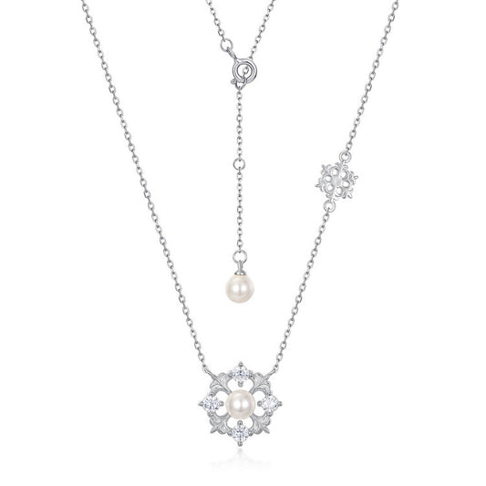 Christmas Pearl Zircon Snowflake Sterling Silver Necklace