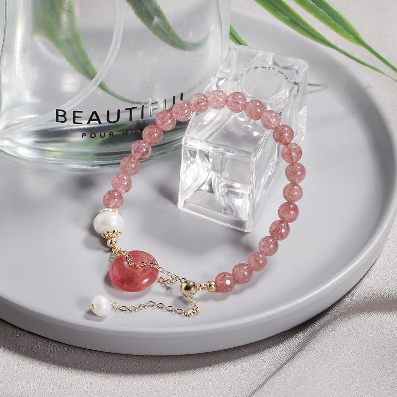 Strawberry Crystal and Freshwater Pearl Sterling Silver Bracelet with Safe Buckle