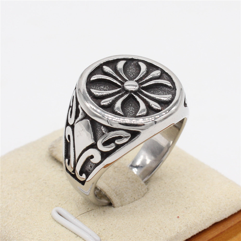 Cross Flower Round Disk Titanium Steel Ring for Men