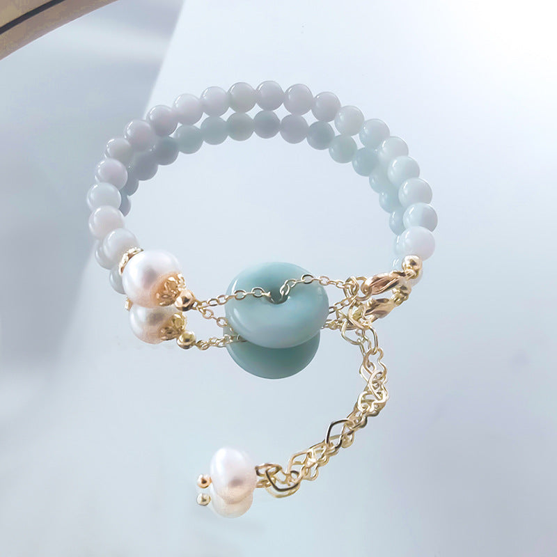 Auspicious Freshwater Pearl and Jade Bracelet with Sterling Silver Needle