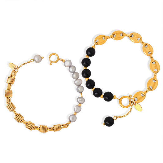 Luxury Handmade Brass Freshwater Pearl and Black Agate Bracelet