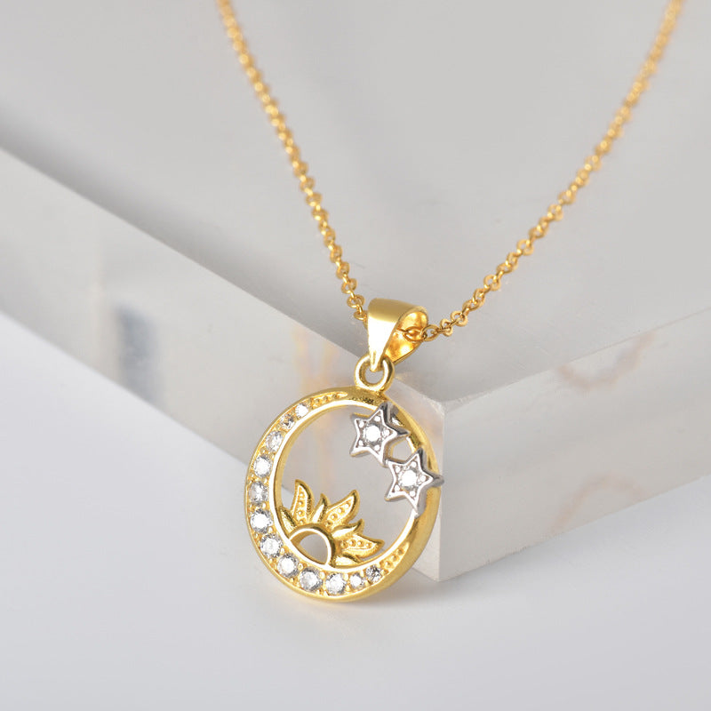 Star Moon and Sun Design Zircon Sterling Silver Necklace