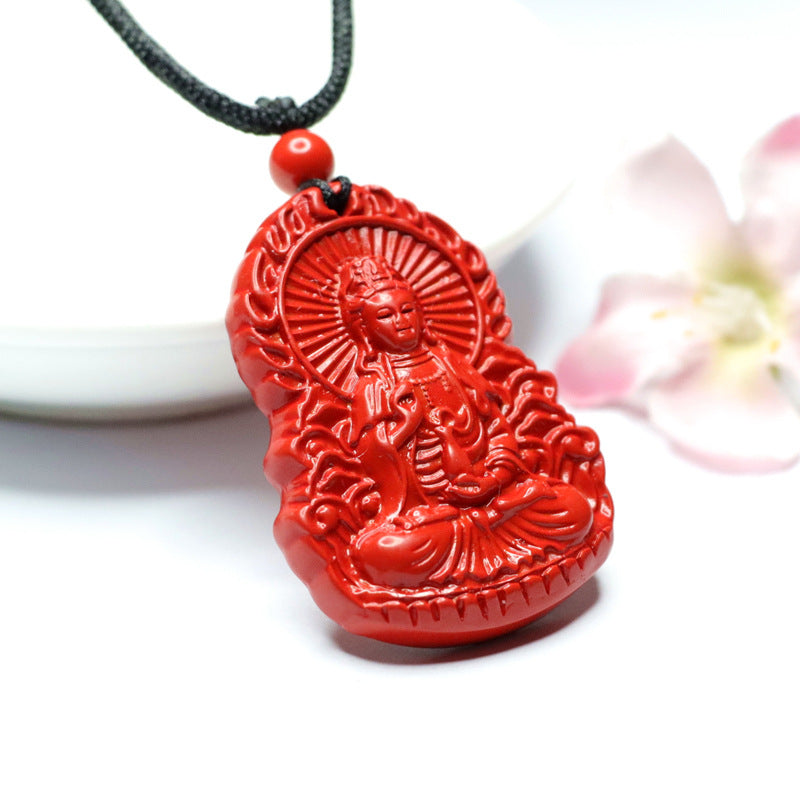 Lotus Guanyin Cinnabar Pendant with Sterling Silver