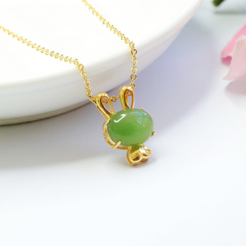 Sterling Silver Rabbit Necklace with Natural Hetian Jade Gem - Fortune's Favor Collection