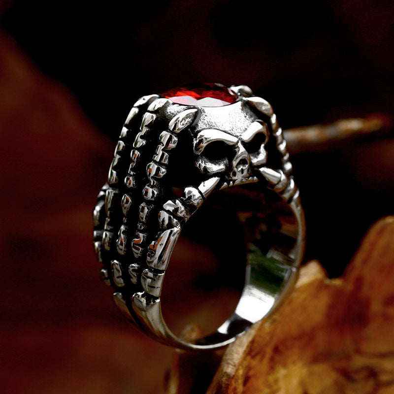 Titanium Steel Punk Skull Ring with Zircon Inlay - Men's Domineering Hand Bone Design