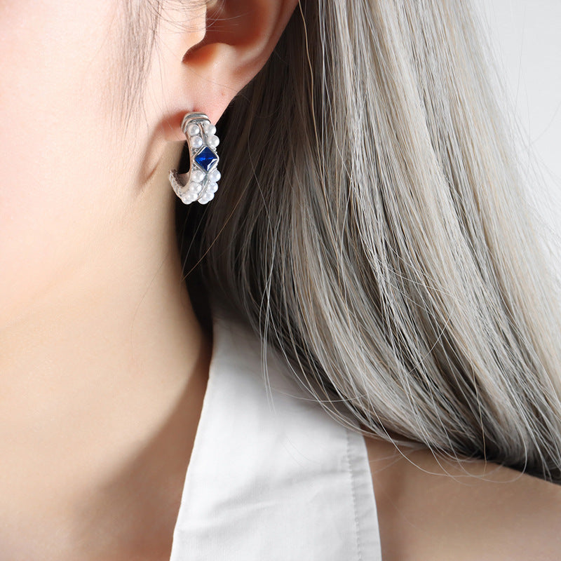 Elegant Blue Zircon Pearl C-Shaped Earrings with Titanium Steel Gold Plating