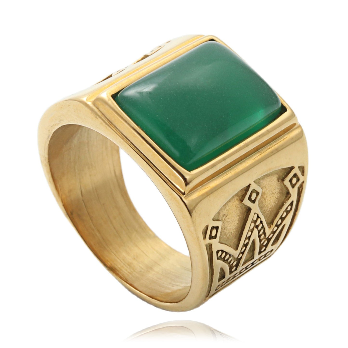 Titanium Steel Crown Ring with Green Gemstone - Retro Punk Style for Men