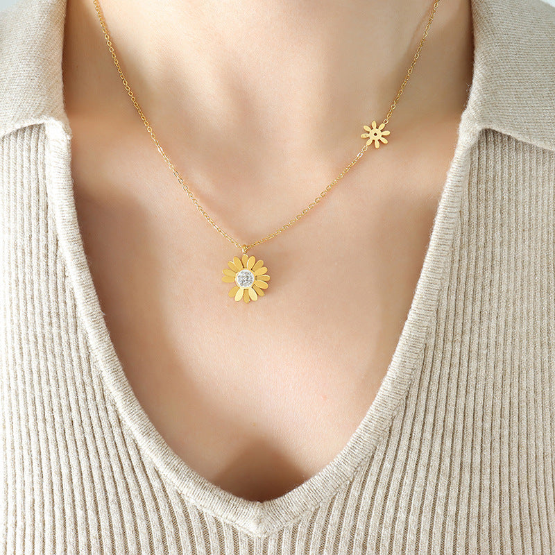 Golden Daisy Zircon Pendant Necklace - Women's Titanium Steel Clavicle Chain