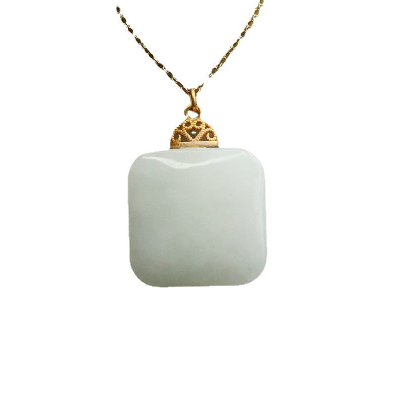 Sterling Silver White Jade Pendant Necklace with Hetian Jade Square Detail