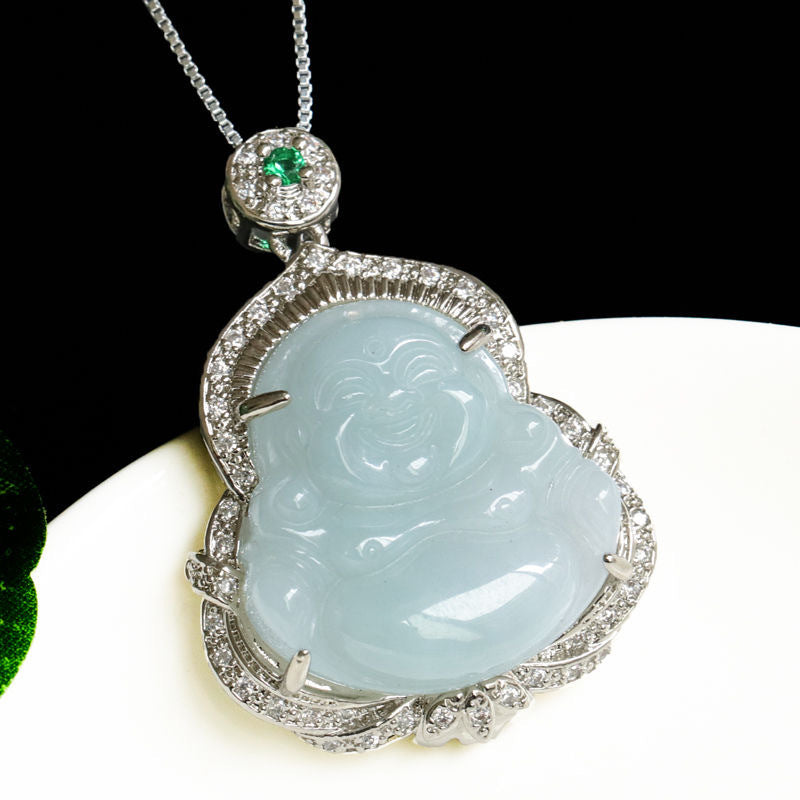 Buddha Jade Zircon Necklace with Sterling Silver Pendant