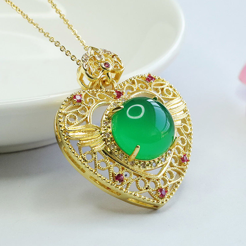 Natural Round Green Chalcedony Hollow Love Pendant Ethnic Style