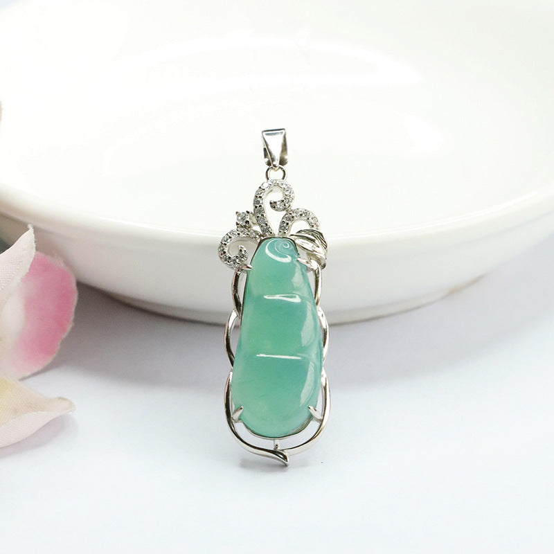 Green Bean Hollow Zircon Necklace with Ice Blue Green Jade in S925 Silver