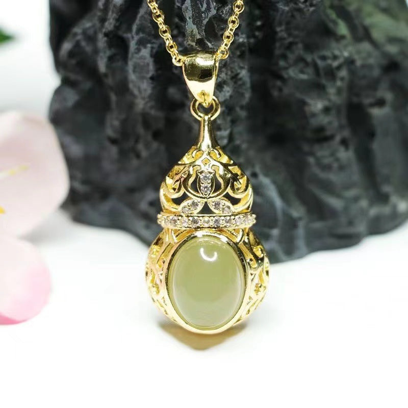 Jewelry Necklace with Oval Hollow Gourd Jade and Zircon Crafted from Natural Hotan Jade