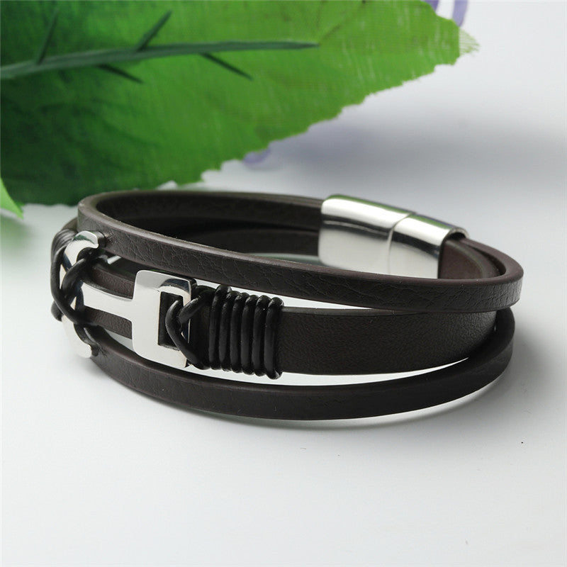 Titanium Steel Woven Anchor Leather Bracelet for Men - Personalized Punk Style