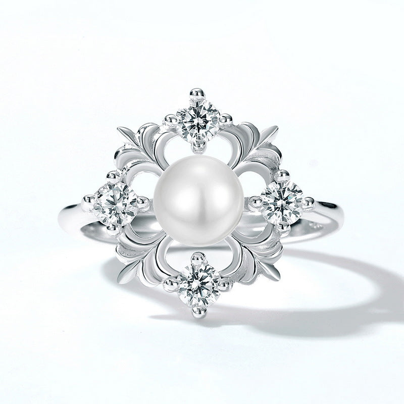 Christmas Pearl Zircon Snowflake Opening Sterling Silver Ring