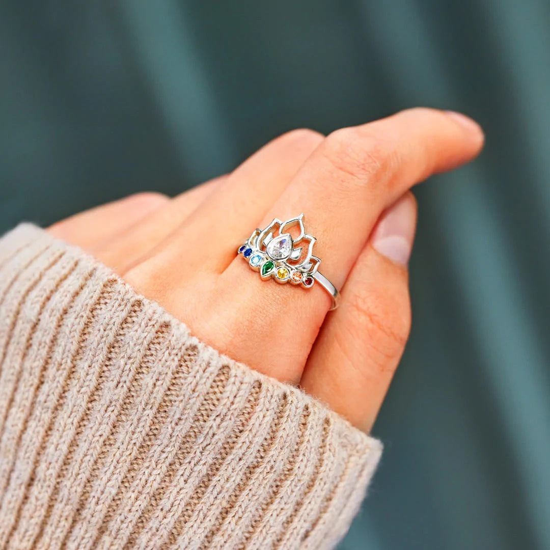 Hollow Lotus Colourful Zircon Sterling Silver Ring