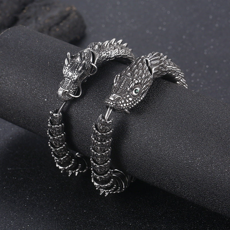 Punk Retro Dragon Bracelet for Men with Smeared Green Eyes in Titanium Steel