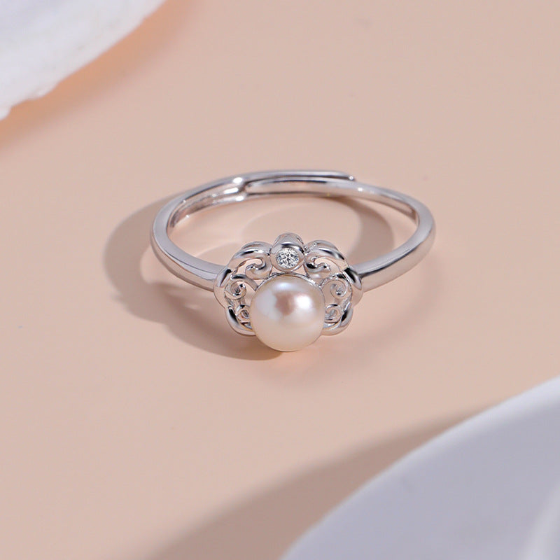 Freshwater Pearl Lace Edge Design Opening Sterling Silver Ring