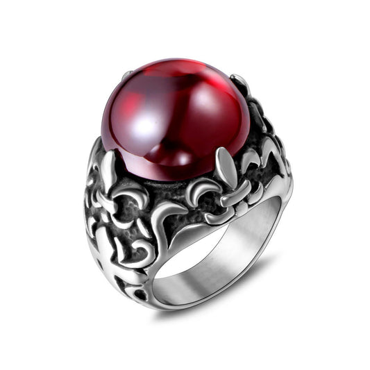 Retro Elegant Titanium Steel Red and Black Gemstone Flower Couple Ring, Custom Trendy Men's Band