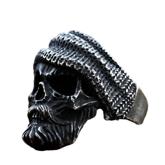 Vintage Stainless Steel Skull Hat Ring for Men - Bearded Old Man Design in Titanium Steel