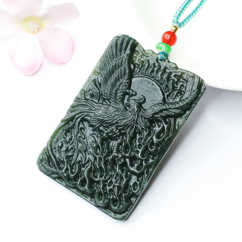 Hetian Jade Phoenix Carving Sterling Silver Necklace