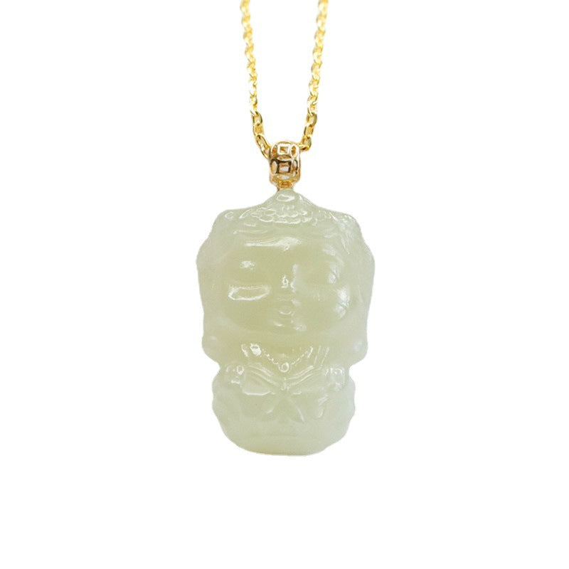 Green Tara Buddha Necklace with Hetian Jade Pendant