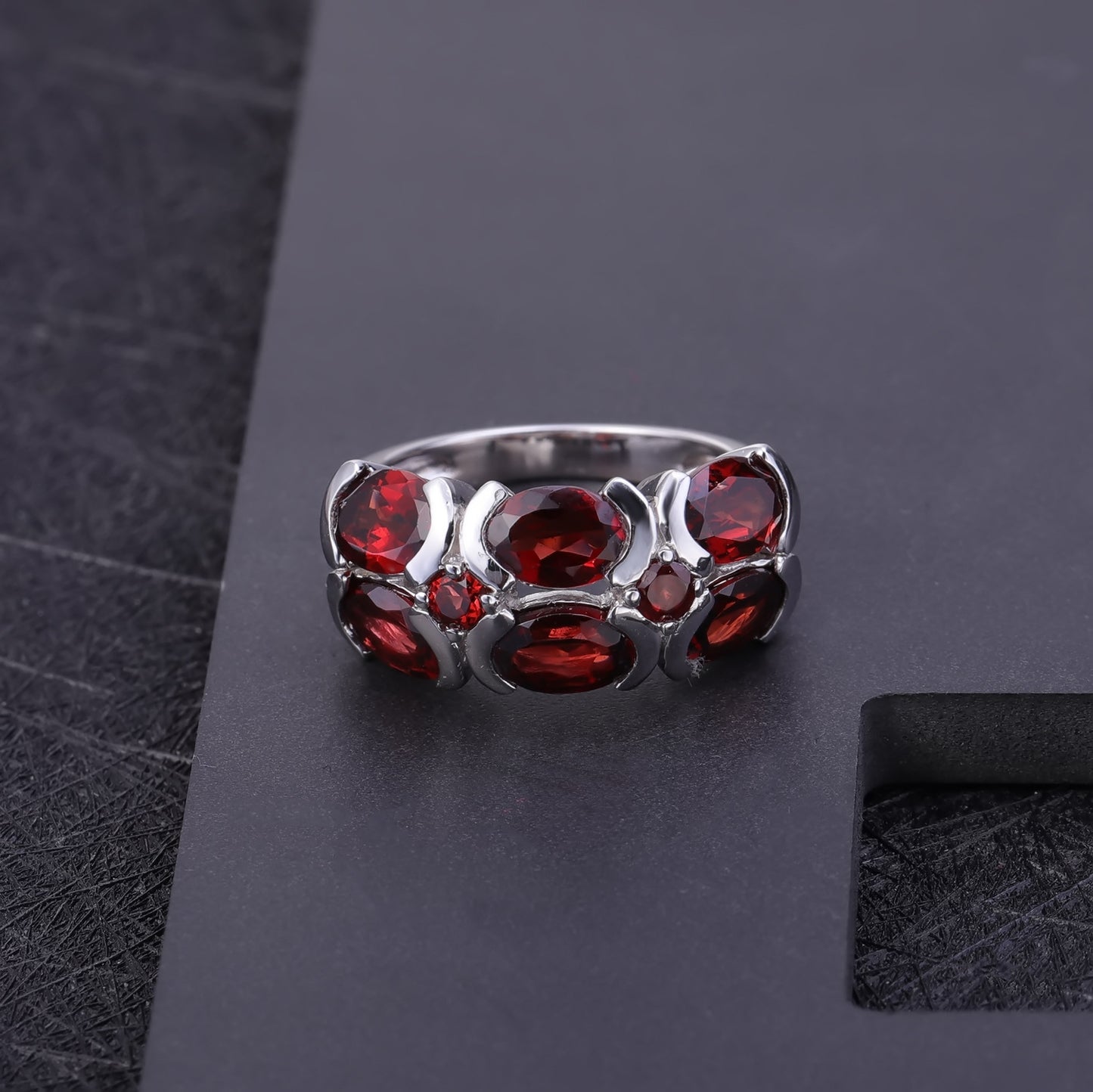 Double Row of Oval Natural Gemstones Silver Ring