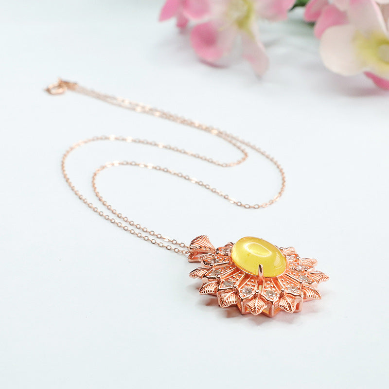 Golden Amber Snowflake Sterling Silver Necklace