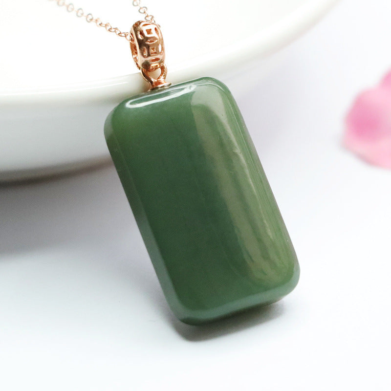 Rectangular Hetian Jade Pendant Necklace in Sterling Silver