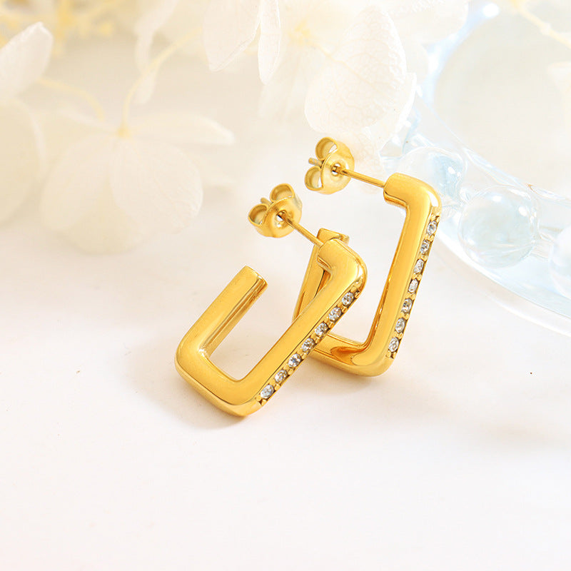 Chic Geometric Earrings with Zircon Accents in Gold-Plated Titanium Steel