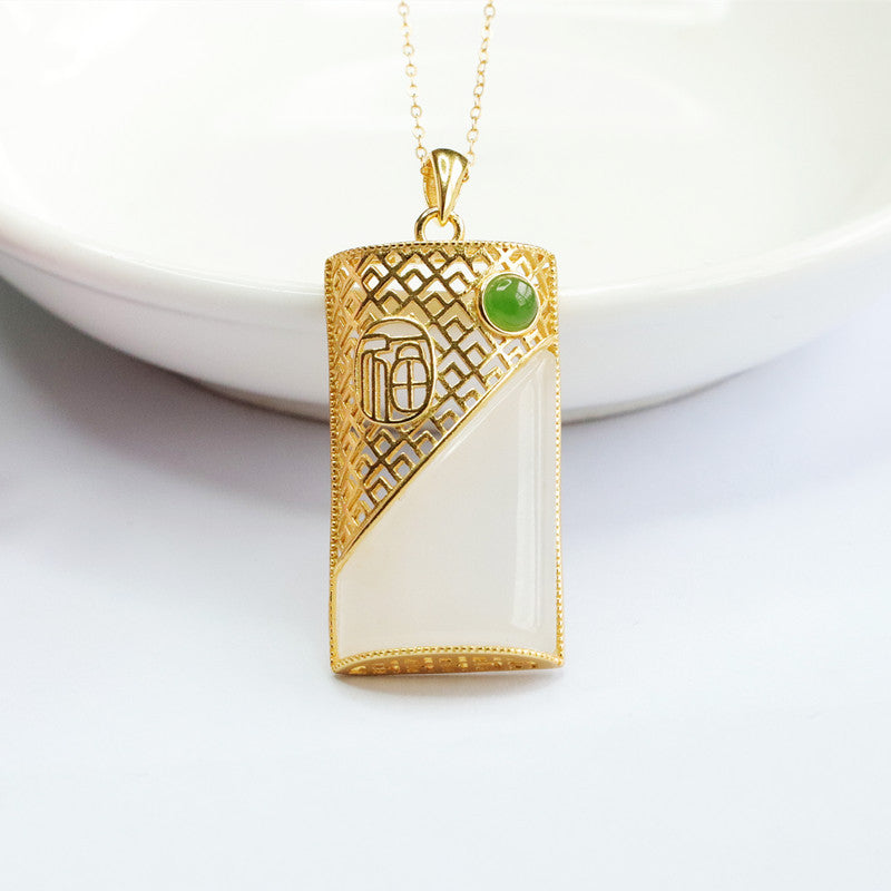 Silver Blessing Necklace with White Jade Hollow Pendant