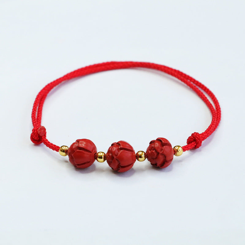 Cinnabar Lotus Bead Sterling Silver Hand Bracelet