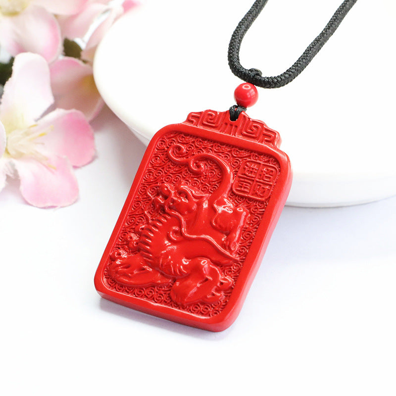 Red Sand Vermilion Rectangle Pendant with Kirin Blessing Label