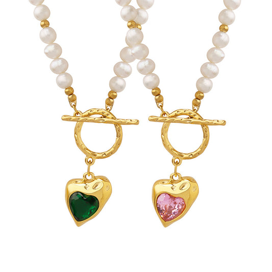 Unique Design Fashion Necklace with Zircon Heart Pendant and Freshwater Pearl Chain