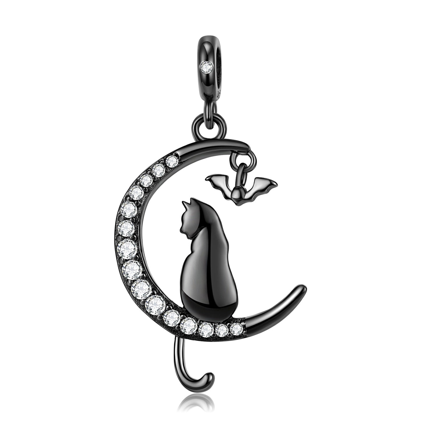 Zircon Crescent Moon with Cat and Bat Silver Necklace