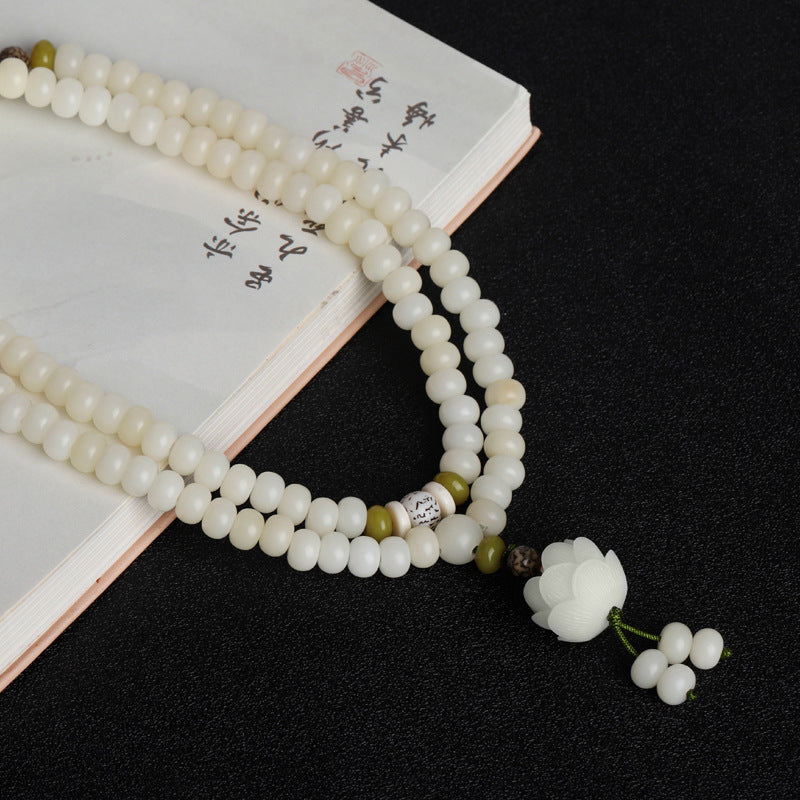 Lotus White Jade Bodhi 108 Buddha Beads Sterling Silver Bracelet