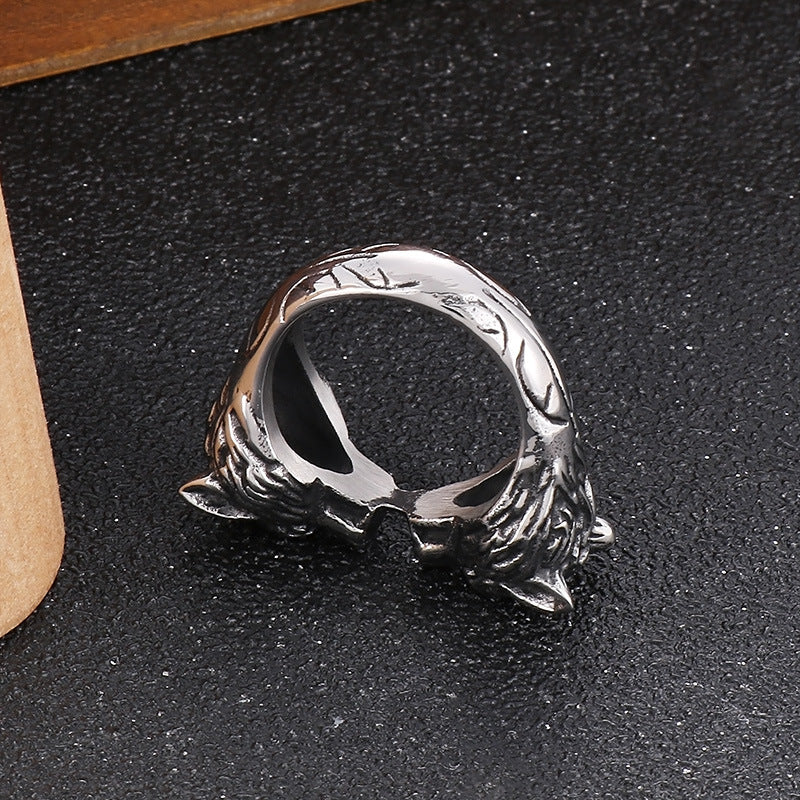 Hipster Retro Men's Double Wolf Head Ring - Titanium Steel Snake Design