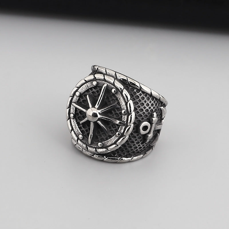 Stylish Titanium Steel Hip-Hop Ring for Men with Five-Pointed Star and Anchor Design