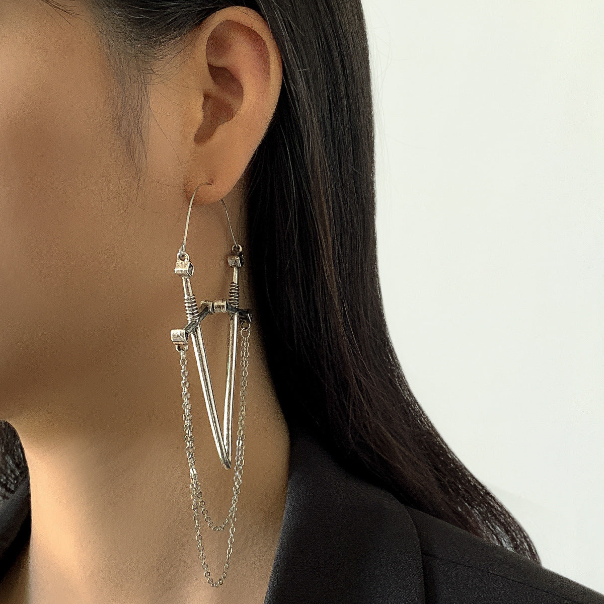 Extravagant Sword Tassel Long Earrings with V-Shaped Sweet and Cool Metal Design