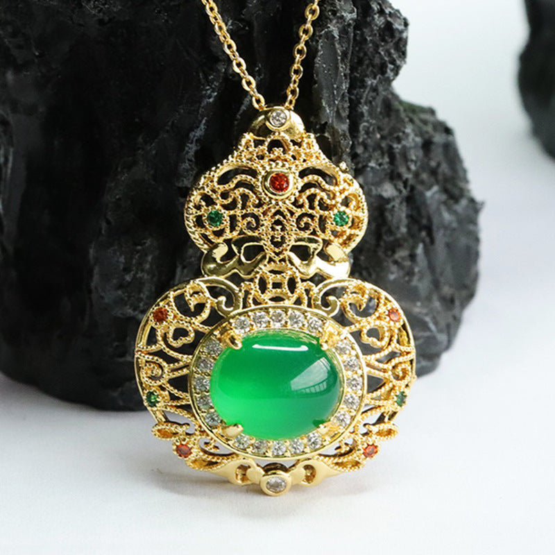 Ice Green Chalcedony Hollow Gourd Zircon Retro Pendant