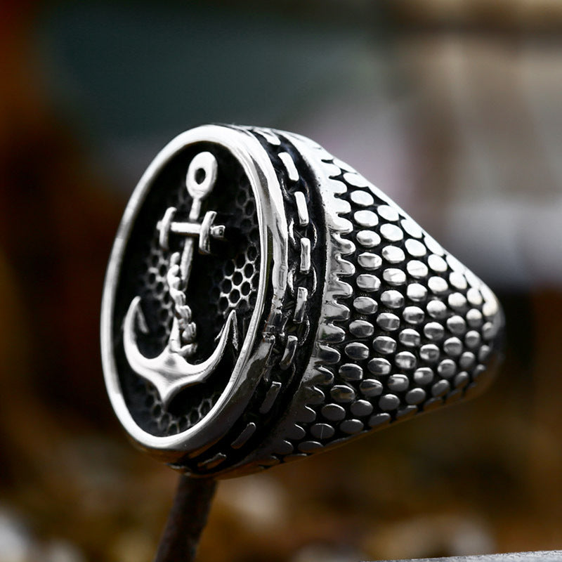 Titanium Steel Retro Anchor Ring for Men - European and American Creative Jewelry Trend