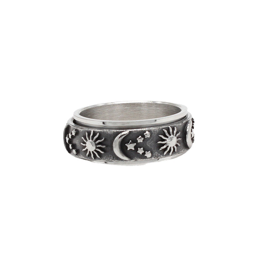 Retro National Flag Sun, Moon and Stars Titanium Steel Ring