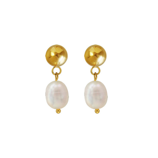 Elegant Titanium Steel Small Stud Earrings with Freshwater Pearl Detail