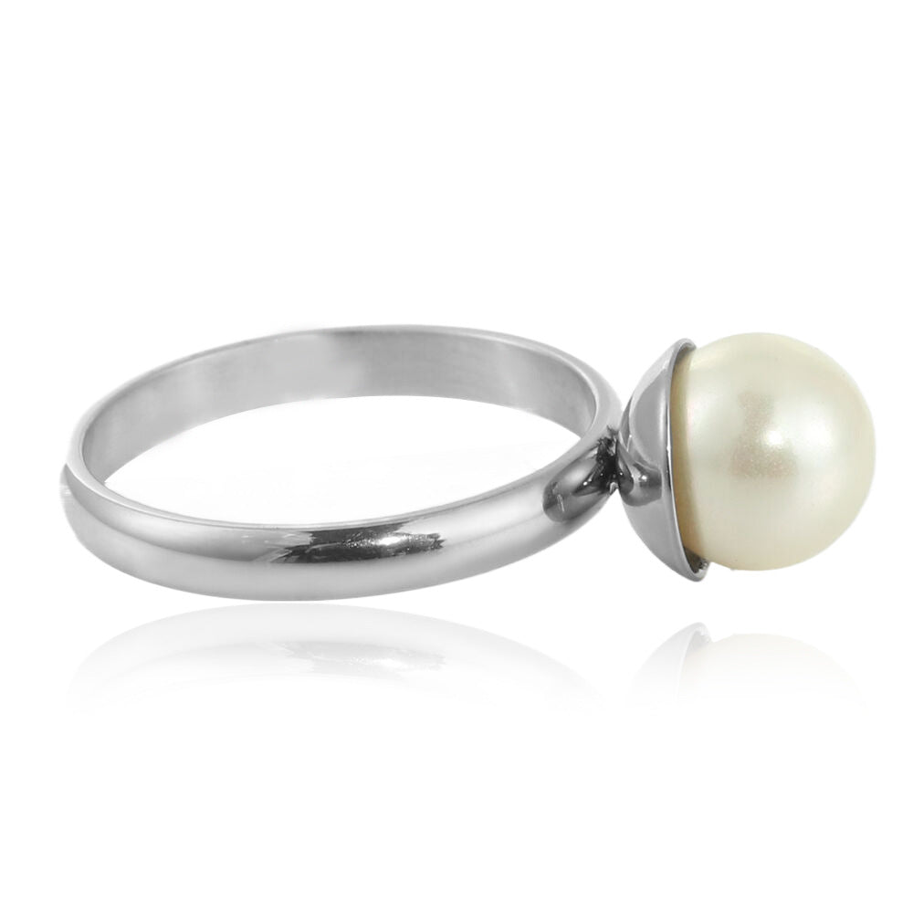 Titanium Steel White Bead Ring - Retro Punk Jewelry for Trendy Girls