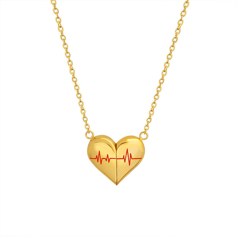 18k Gold Plated Heart ECG Pendant Necklace with Magnetic Clasp