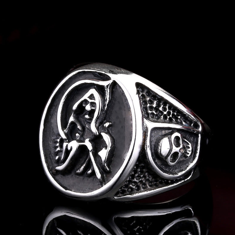 Titanium Steel Reaper Skull Ring for Men - European and American Creative Sickle Design