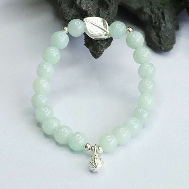 Fortune's Favor Sterling Silver Jade Bracelet with Peanut Leaf Design