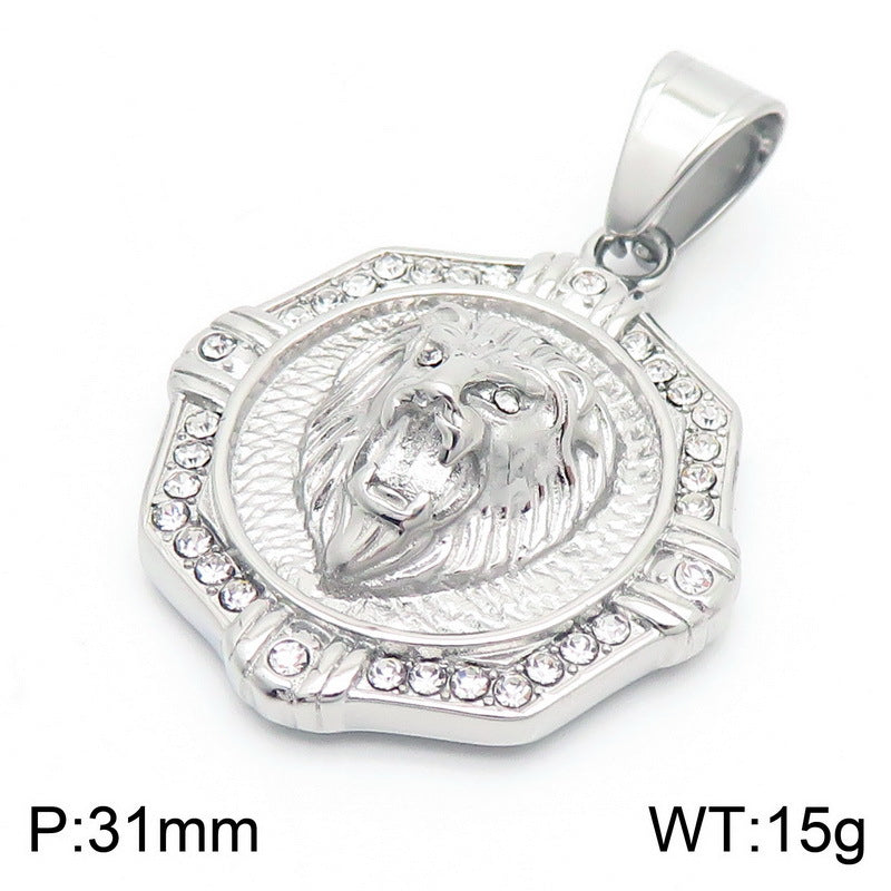 Customizable Guochao Urban Necklace, Trendy Titanium Steel Men's Zircon-Studded Disc Rune Lion Head Pendant