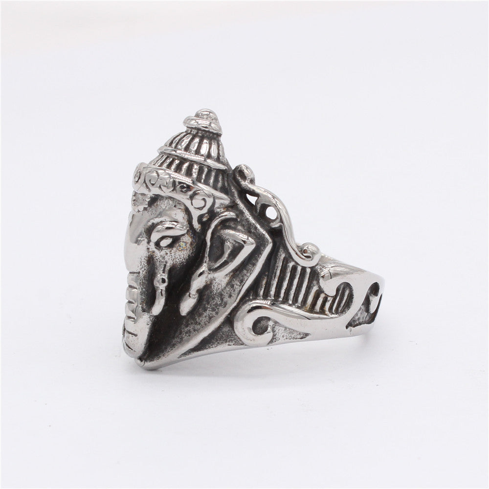 Thai Auspicious Buddha Elephant Titanium Steel Ring for Men